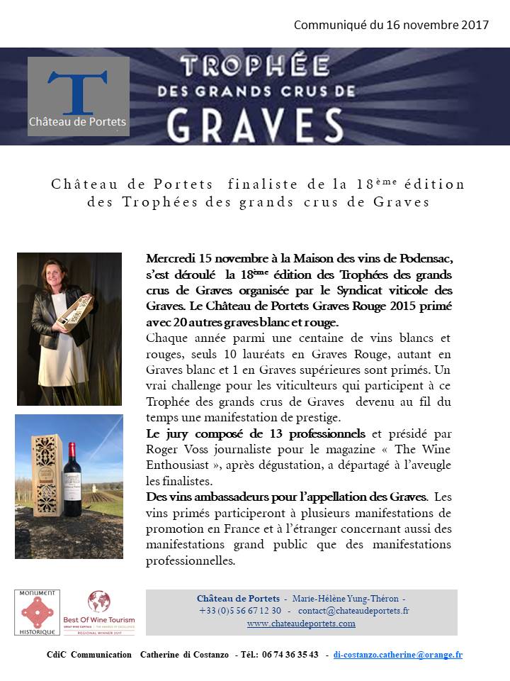 Château de Portets finaliste du Trophée des grands crus de Graves